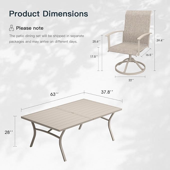 VICLLAX 7 Pieces Patio Outdoor Dining Set, 6 Swivel Textilene Chairs and 63" Rectangular Metal Table with Umbrella Hole for Porch, Deck, Garden, Sandshell