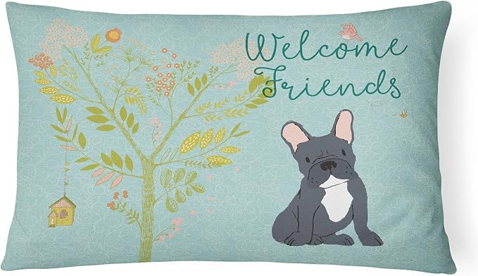 Caroline's Treasures BB7632PW1216 Welcome Friends Black French Bulldog Canvas Fabric Decorative Pillow Machine Washable, Indoor Outdoor Decorative Pillow for Couch, Bed or Patio, 12HX16W