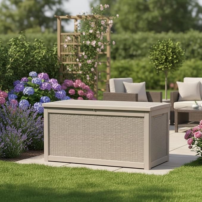 Resin Deck Box, Lockable Patio Outdoor Storage Box for Furniture, Garden Tools and Tools Storage, Waterproof Outside Storage Boxes (Grey, 260 Gallon)
