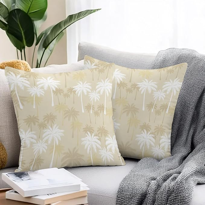 Throw Pillow Covers 24x24 Inch Set of 2, Tropical Palm Tree Waterproof Outdoor Pillow Covers, Beige White Plants Coastal Leaf Beach Decorative Cushion Pillowcases for Couch, Sofa, Bed, Garden, Patio
