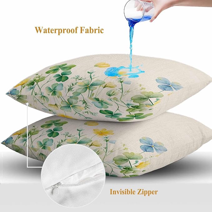 Spring Green Clovers Outdoor Waterproof Throw Pillow Covers Set of 2, 26"x26", Watercolor Yellow Blue Lucky Shamrock Leaf Linen Decorative Pillow Covers Outside Cushion Case for Patio Porch Garden