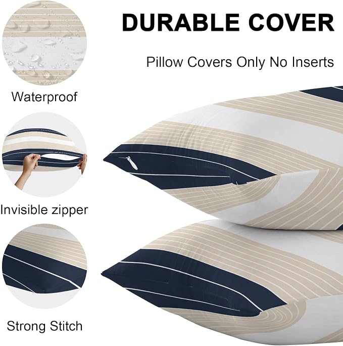 Navy Blue Beige Stripe Outdoor Pillow Covers Waterproof, All Weather Cushion Case Set of 2, Modern Art Horizontal Striped Lumbar Pillowcase for Sofa Couch Bed Decor Patio Furniture 20"x12"