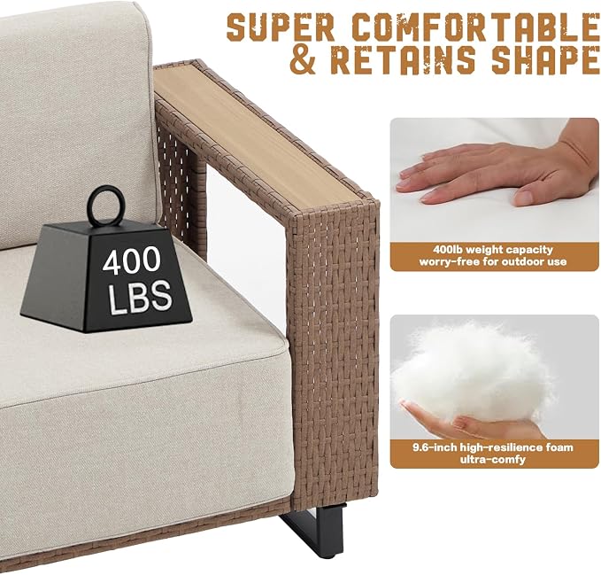 7 Pieces Outdoor Patio Furniture Set, PE Rattan Weaving Sofa with 10 inch Thick Cushions, Dining Table and Coffee Table with Steel Frame and Wooden Board, Brown/Light Gray Linen