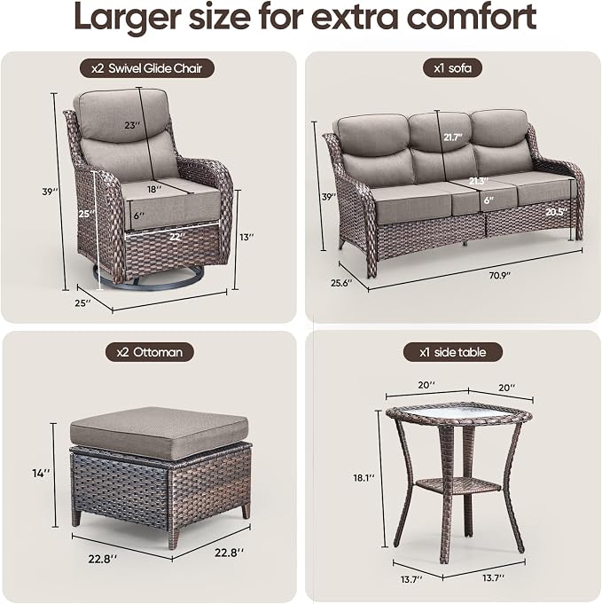 Swivel Patio Chairs Sofa Set of 6-6" Thick Cushion - Wicker Outdoor Swivel Rocker Patio Chair,Sofa/Side Table, High Back Comfortable Outdoor Glider Chairs - Brown Wicker Grey Cushions