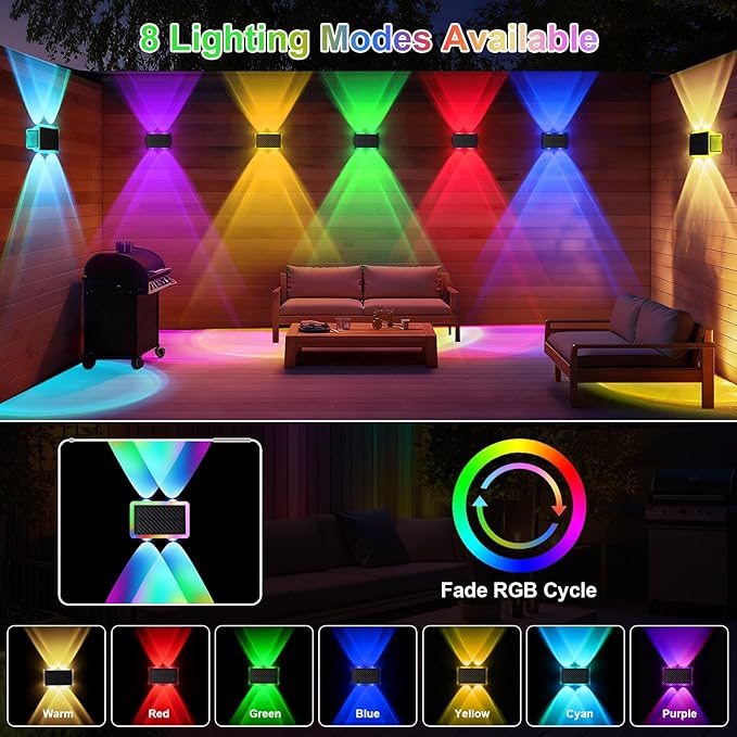 AUDLES Solar Fence Lights Outdoor, New Up Down Lighting Fence Lights Solar Powered with 8 Modes Warm White/RGB, IP65 Waterproof Solar Wall Light for Backyard Wall Pathway Deck Patio Decor - 8 Pack