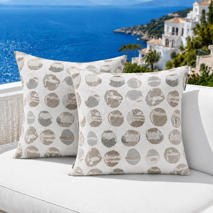 Outdoor Pillow Covers Waterproof Throw Pillow Covers, Set of 2 Jacquard Texture Water Resistant Fade Resistant Decorative Cushion Covers for Garden Patio Bench Couch Sofa, 18x18 Inch (Gray Circle)