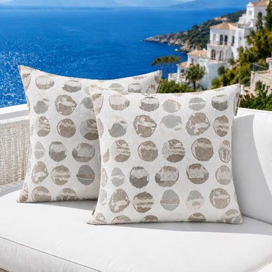 Outdoor Pillow Covers Waterproof Throw Pillow Covers, Set of 2 Jacquard Texture Water Resistant Fade Resistant Decorative Cushion Covers for Garden Patio Bench Couch Sofa, 18x18 Inch (Gray Circle)