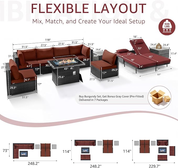 NICESOUL 11 Piece Outdoor Furniture Set with Fire Pit, 29.3'' High Back Patio Sectional with Fire Pit & Chaise Lounge, 500 lbs Heavy Duty Large Deep Couches, 2 Color Cushion Burgundy & Gray