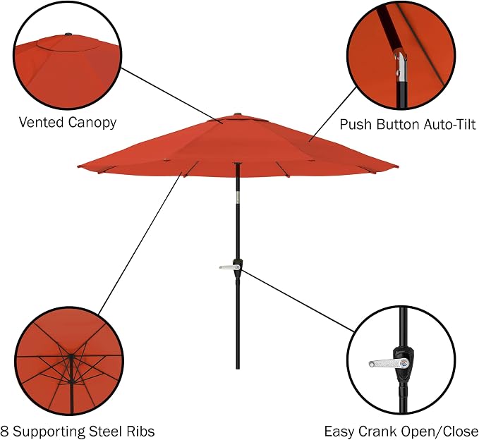 Alaterre Furniture Okemo 8 Piece Outdoor Dining Set with Umbrella - Solid Acacia Wood Outdoor Furniture Set with 63” Patio Table, 6 Patio Chairs, and 10ft Orange Umbrella