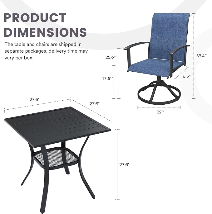 3 Pieces Outdoor Patio Dining Bar Set, 27.6" All Weather Square Metal Slatted Table with Storage Shelf and 2 High Back Textilene Swivel Chairs for Garden, Lawn, Black Table & Blue Chairs