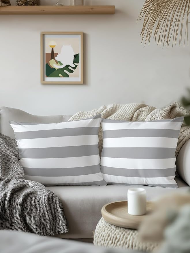 Waterproof Outdoor Pillow Set of 2 Grey White Stripe Decorative Throw Pillows Cover & Insert 16x16 Inch Pillowcase Simple Style Striped Square Pillows for Couch Sofa Bed Patio Furniture Indoor Outdoor