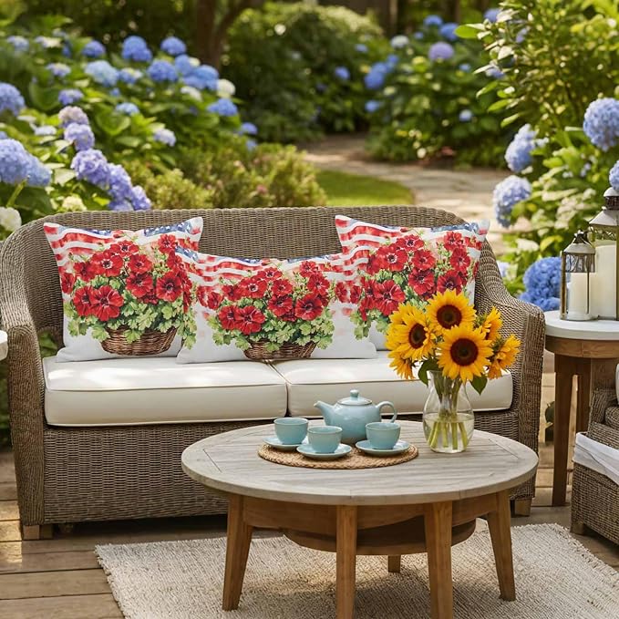 4th of July Flower Waterproof Outdoor Pillow Covers Set of 2 Home Decor, Vintage Red Stripe Flag Poppy Floral Pillowcase Patio Pillow Covers for Couch Bench Furniture Garden 26x26in