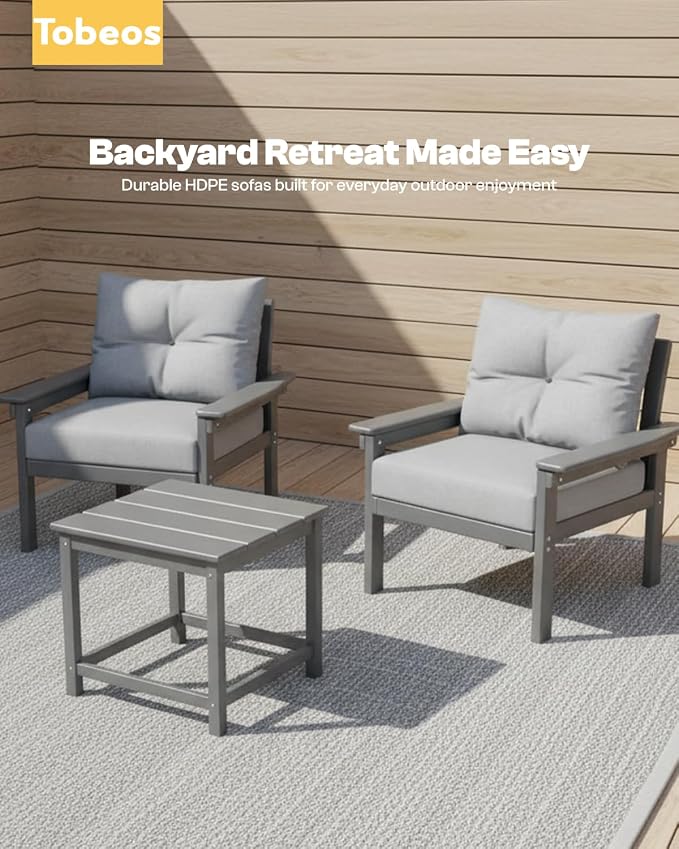 HDPE 7 Piece Patio Furniture Set, All-Weather Outdoor Couch Set with Thick Cushions & Table & Umbrella, Patio Conversation Sets for Lawn, Garden, Porch, Balcony, Deck, Poolside, Grey & Grey