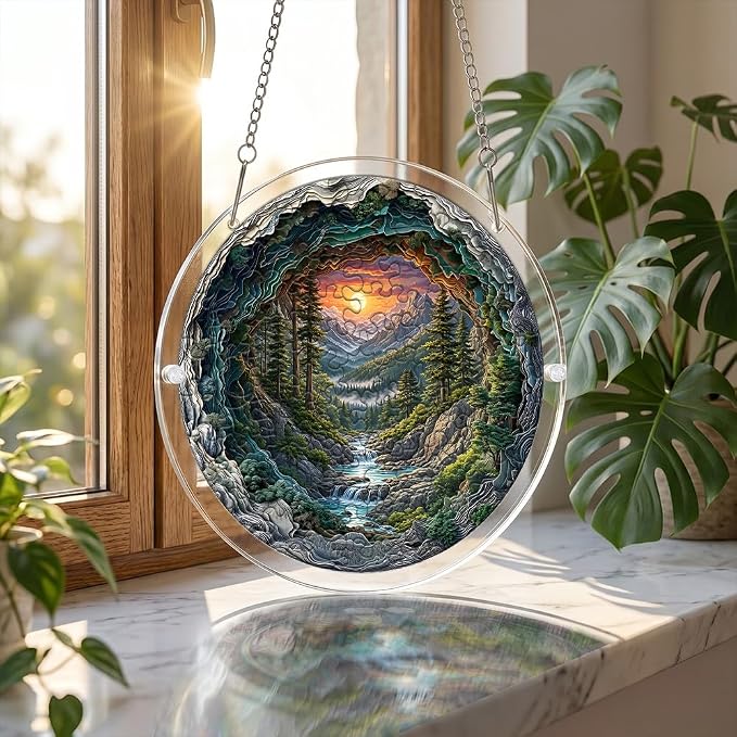 Acrylic Puzzle Suncatcher, 3D Mountain Tree Scenery Sun Catcher Jigsaw Puzzle Window Hanging, Acrylic Puzzles Kit Home Garden Decor, for Mom, Wife, Sisters, 7.87 inch