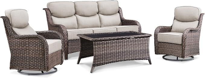 Luxury 4 Pieces Patio Furniture Set-Outdoor Swivel Rocker Patio Chairs with 6" Extra Thick Cushions, High Back Outdoor Couch and Coffee Table, Wicker Conversation Sets for Porch Deck(Brown/Beige)