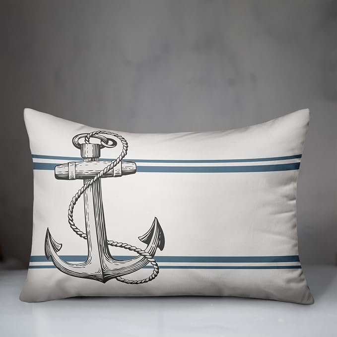 Gray Seaside Anchor Indoor/Outdoor Pillow | Decorative Pillows for Living Room Couch Bed Sofa Patio, Fluffy Soft Cushion | Water Resistant White, 14x20