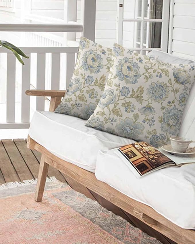 Outdoor Waterproof Throw Pillows 16x16in, Pastoral Blossom Flower Leaf Patio Pillows Pack of 2,Decorative Pillow Covers with Insert,Pillow Cushion Case Farmhouse Floral Vintage Linen
