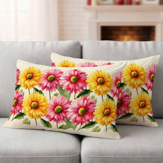 Yellow Pink Daisy Outdoor Pillow Covers 20"x12" Set of 2, Rustic Farmhouse Boho Yellow Plaid Waterproof Throw Pillow Covers for Patio Furniture, Decorative Cushion Covers for Porch