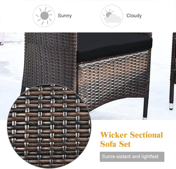 COSTWAY 8PCS Rattan Patio Furniture Set | Outdoor Wicker Rattan Chairs with Coffee Table, Rattan Cushioned Conversation Set for Backyard Balcony Porch Poolside, Black