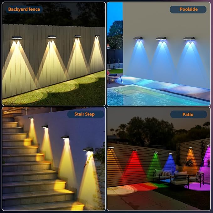 Solar Fence Lights ,RGB & Warm White & 6 Colors Bright Lens LED Dusk to Dawn Deck Light, Fence Solar Lights Outdoor Waterproof, Solar Outdoor Lights for Backyard/Railing/Wall/Step/Patio/Pool (16Pack)