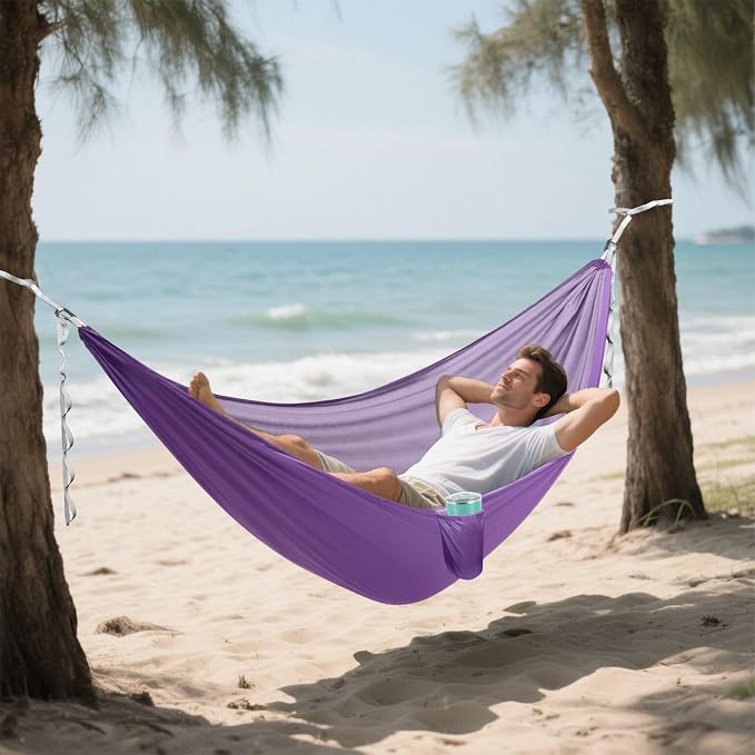 Purple Solid Color Camping Hammock, Portable Lightweight Single Hammock with Tree Straps and Aluminum Carabiners, 114" x 54" Travel Hammock for Hiking Backpacking Beach
