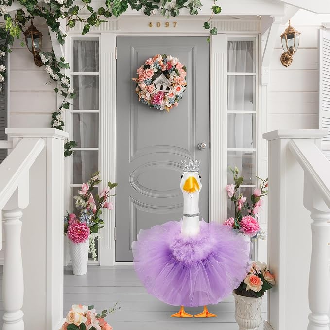 4 Pcs Princess Porch Goose Outfit for 23" 17" Cement Lawn Goose Costume Crown Necklace Tutu Skirt Feather Trim(Purple)
