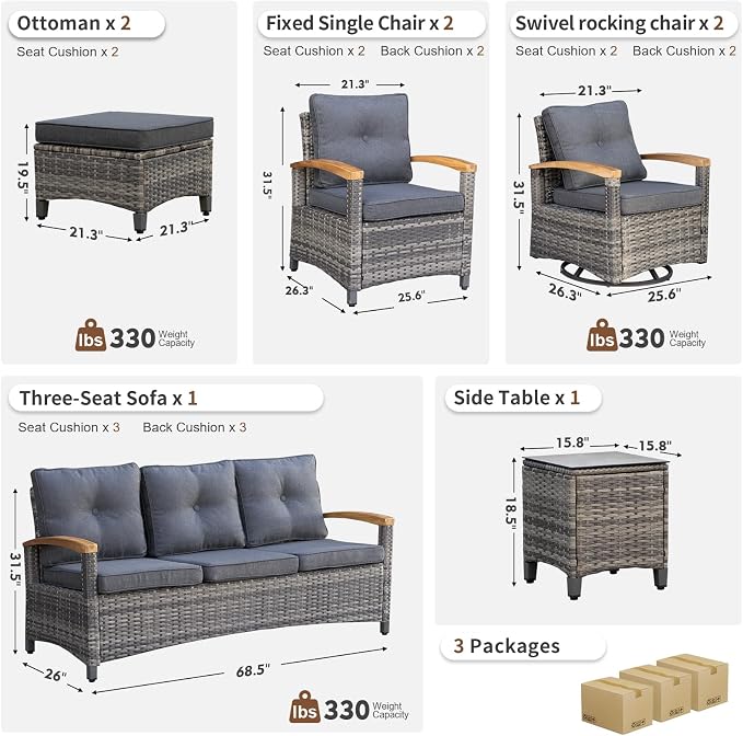 MEISSALIVVE 8 Pieces Outdoor Patio Furniture Sets, Wicker Patio Conversation Sets with 2 Wood Armrests Swivel Glide Chairs,2 Single Chairs, 3-seat Sofa (Grey)