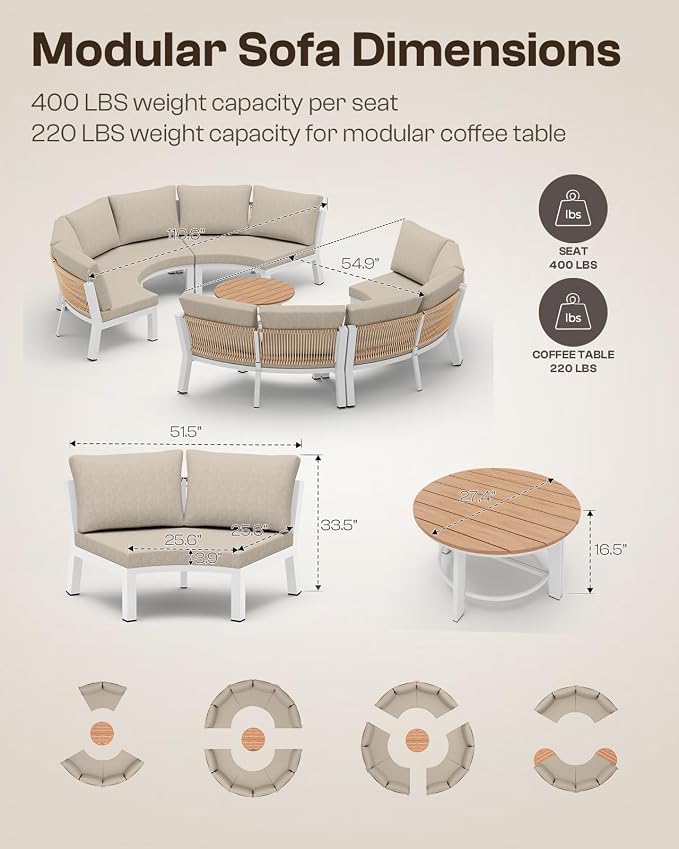 Outdoor Patio Furniture Set,4 Piece Aluminum Half-Moon Patio Conversation Sets, PE Rope Curved Sofa, All-Weather Outdoor Sectional Sofas with Modular Coffee Table & Cushions, White