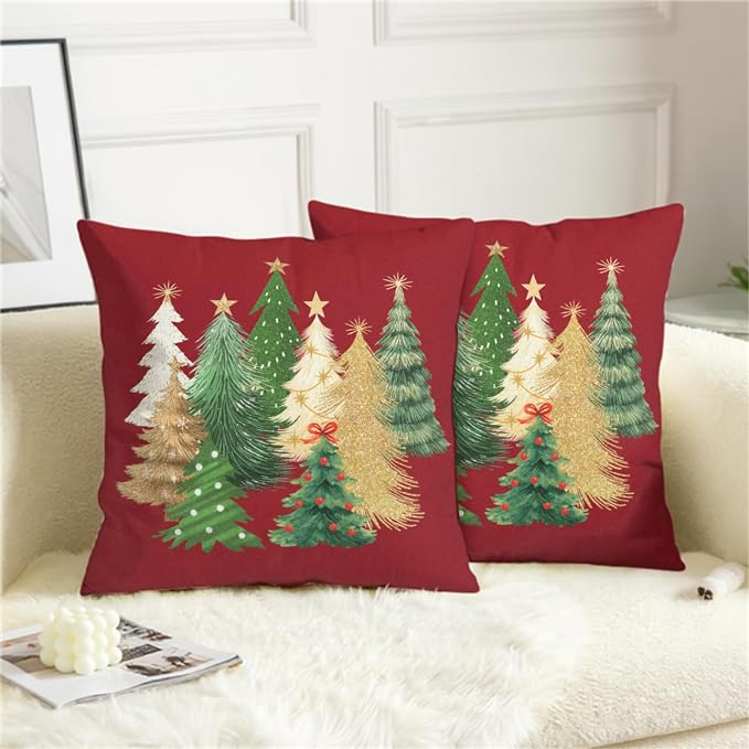 Red Christmas Pillow Covers 18x18 Set of 2 Gold Green Xmas Tree Pillow Case Winter Holiday Throw Pillow Covers Double Sided Printing Decorative Cushion Case for Couch Sofa