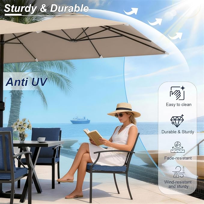 10-Piece Patio Dining Set,Metal Outdoor Furniture Set Includes 13.6FT Sand Umbrella,Hole Cut-Out 78.7" x 35.4" Table and 8 Metal Backrest Chairs for Backyard,Garden,Navy