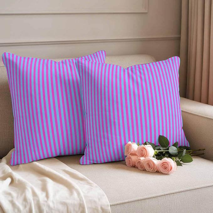 Throw Pillow Covers 24x24 Inch Set of 2, Purple Striped Waterproof Outdoor Cushion Covers, Geometric Pink Vertical Solid Rainbow Decorative Pillowcases for Couch, Sofa, Bed, Garden, Patio
