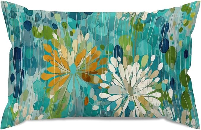 Make It Rain Fiesta Lumbar Pillow Cover Rainbow Teal Flower Pillowcase 16x26in Rustic Accent Modern Decorative Pillow Covers for for Farmhouse Decor Home Car Couch