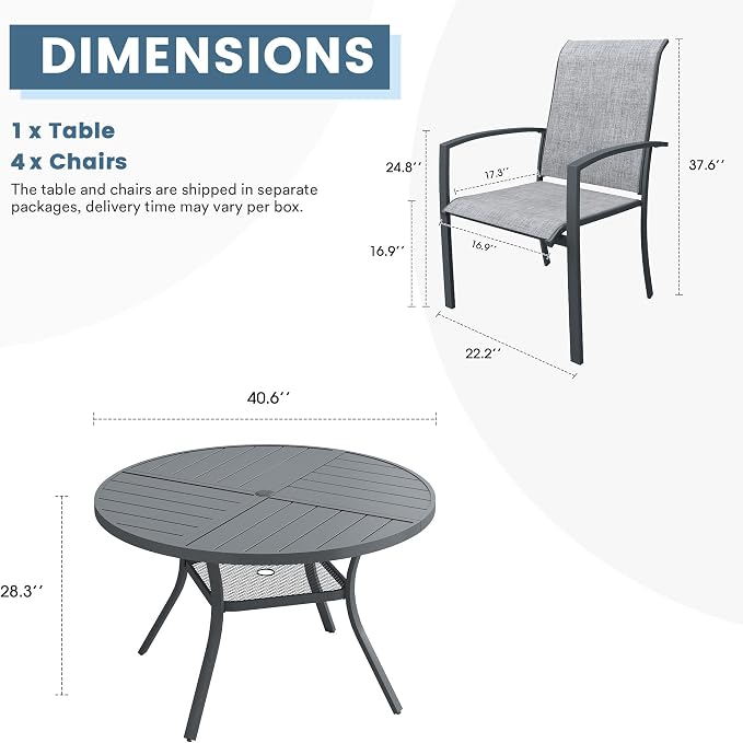 DIFY 5 Pieces Outdoor Dining Set, Metal Patio Table and Chairs Set for 4 with Umbrella Hole, 40.6" Round Dining Table and Textilene Stackable Patio Chairs for Garden Backyard Poolside, Grey