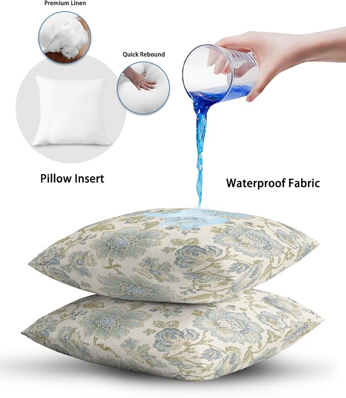 Outdoor Waterproof Throw Pillows 16x16in, Pastoral Blossom Flower Leaf Patio Pillows Pack of 2,Decorative Pillow Covers with Insert,Pillow Cushion Case Farmhouse Floral Vintage Linen