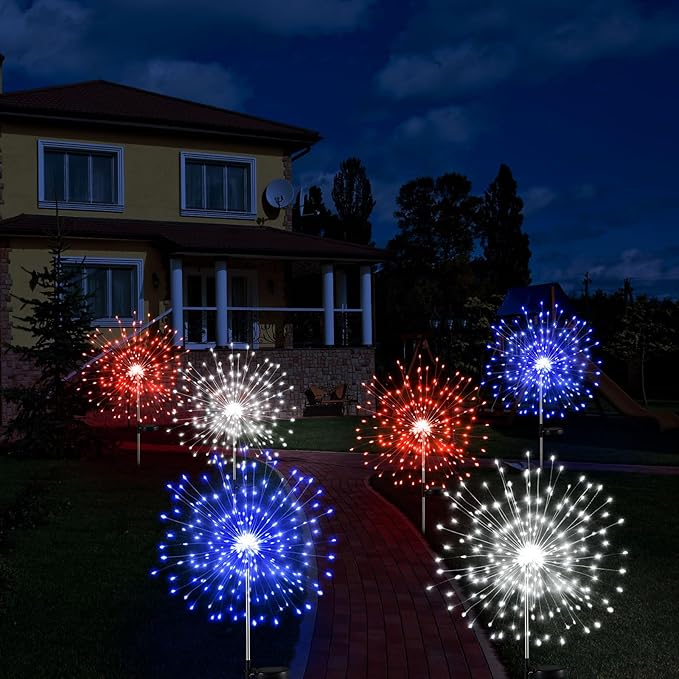 Tujoe 3 Pcs 4th of July Solar Firework Lights Patriotic Solar Light Outdoor Garden 120 LED 8 Modes Waterproof LED Sparkler Light for 250th Anniversary Patio Yard Pathway Walkway (Red,White,Blue)
