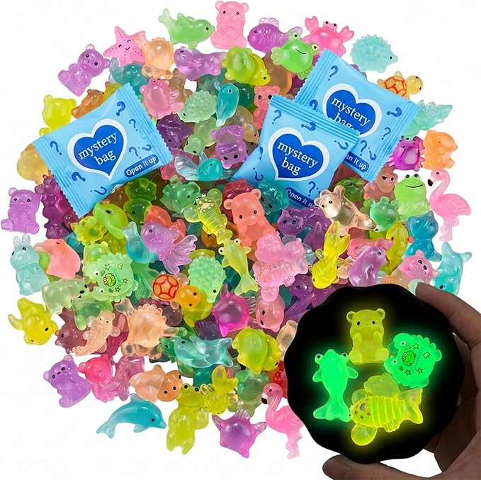 100 Pcs Mini Resin Animals Blind Bags, Glow in The Dark & Glitter Mystery Animals, Individually Wrapped Tiny Luminous Miniatures for Fairy Garden, Micro Landscape, DIY Crafts