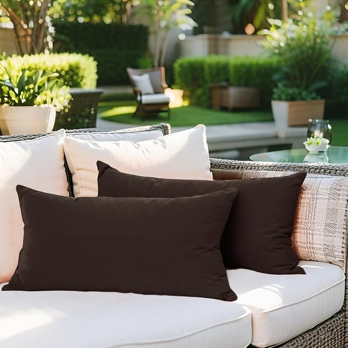 SK Studio Outdoor Water Resistant Throw Pillows, Decorative Patio Lumbar Cushions, Fluffy Furniture Garden Cushions for Home Patio Coach Sofa Use, Pack of 2, Coffee 1, 12x20 Inch