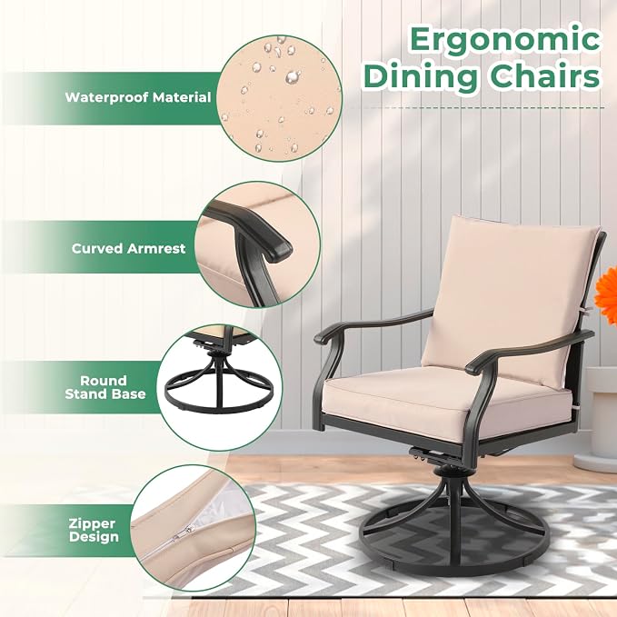 LVUYOYO 5-Piece Outdoor Patio Dining Set, Metal Swivel Chairs & Square Table Set, All-Weather Furniture for Backyard, Garden,Balcony,Porch (1 Square Table+ 4 Swivel Chairs)