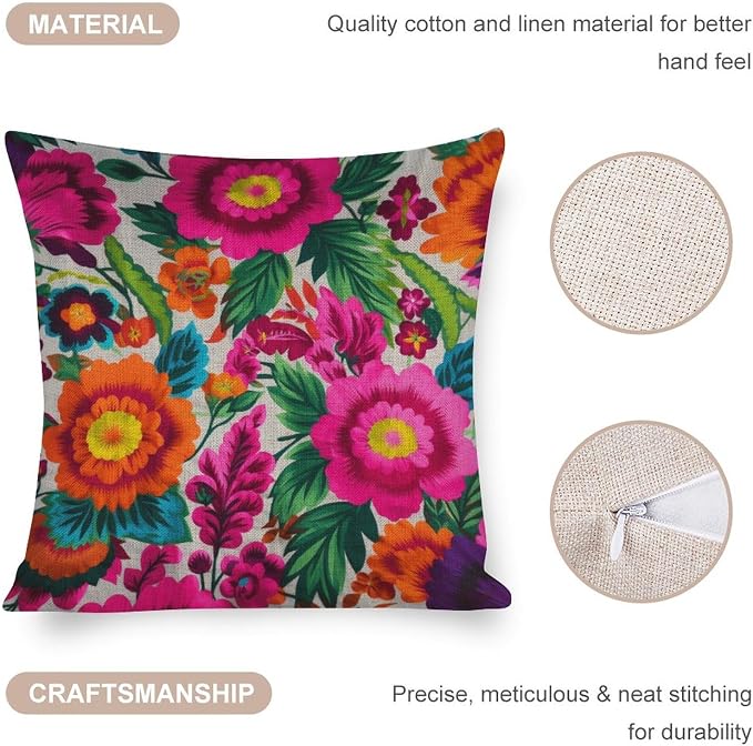 Large Couch Pillows Mexican Flowers Pillow Cases 20"x20" White Blue Grey Wideflowers Printed Pillow Cover Home Sofa Decor PillowcaseThrow Pillow Covers Decorative Outdoor Linen Pillow Covers