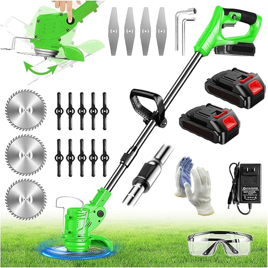 Electric Weed Wacker String Weed Eater Cordless Grass Trimmer 21V Battery Powered String Trimmer with 2x2.0ah Battery and Charger Brush Cutter/Edger/Mower with 3 Types Blade for Garden Lawn(Green)