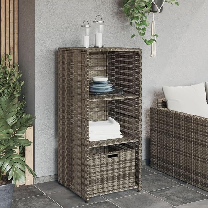 Garden Storage Cabinet, Weather-Resistant PE Rattan Outdoor Organizer with 2 Doors, Durable Patio Storage Box for Cushions, Gardening Tools, Grey, 21.7 x 19.7 x 45.3 Inches