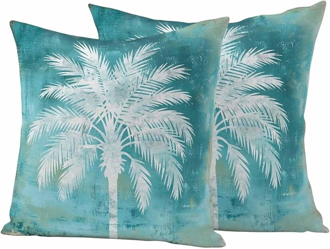 Teal Summer Palm Tree Outdoor Waterproof Pillow Covers, Coastal Beach Tropical Botanical Decorative Square Throw Pillowcase, Vintage Sofa Cushion Sham for Patio/Couch/Chair, 24"x24" 2 Pack