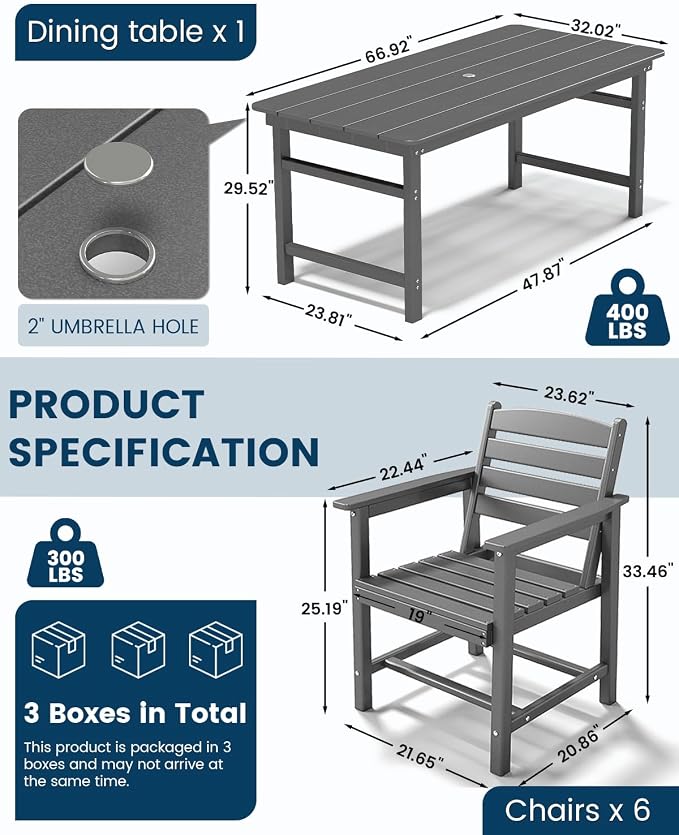 FOOWIN Outdoor Table and Chairs Set 7-Piece HDPE All Weather Patio Dining Set with Umbrella Hole,Outdoor Patio Furniture Dining Set for 6,Patio Kitchen Table Set for Garden,Backyard,Poolside Grey