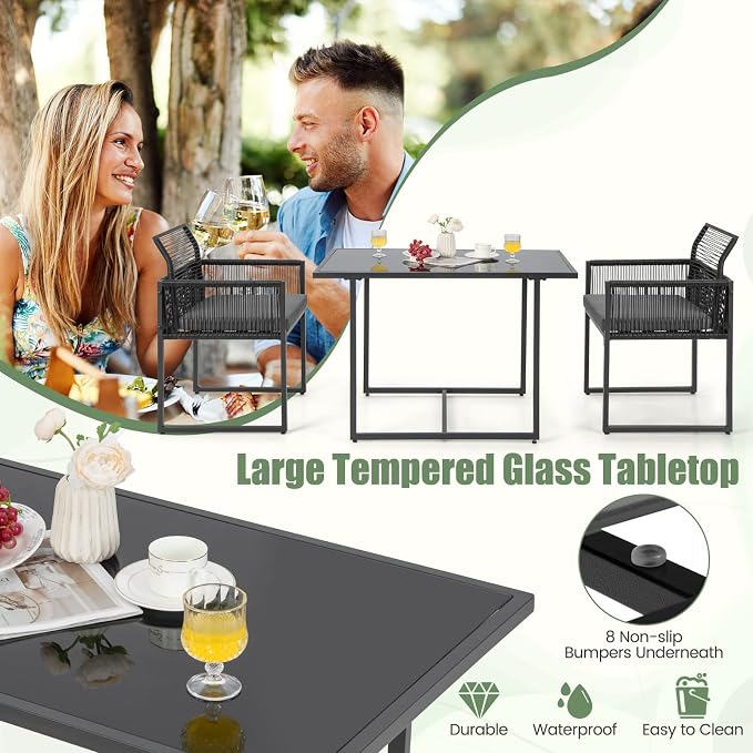 DORTALA Wicker Outdoor Bistro Set 3 Piece, Small Patio Furniture Dining Set with with Cushions, Tempered Glass Tabletop, All- Weather Table and Chairs for Backyard, Balcony, Poolside, Black+Grey