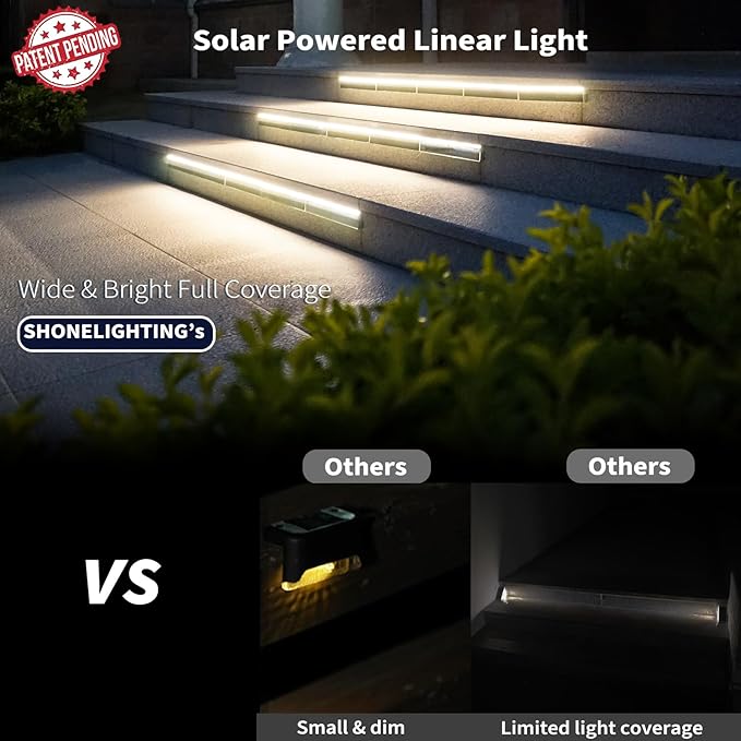 SHONELIGHTING Solar Step Lights Outside, 33 Focused LEDs, Stair Light, 2PK | Downward Lighting, High Brightness, Modular, Waterproof Aluminum, Risers, Deck, Curbsides, Planter Edges, Warm White, 3000K