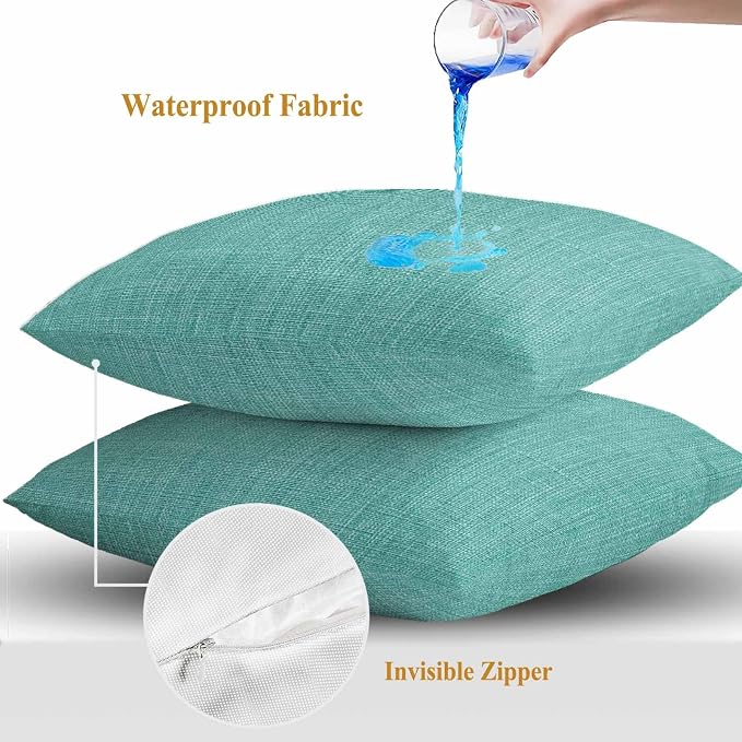 Outdoor Waterproof Throw Pillow Covers Set of 2 Turquoise Linen Pillowcases 18x18 Inches Farmhouse Pure Color Decorative Pillows Cushion Case Patio Pillows for Couch Bed Chair Garden