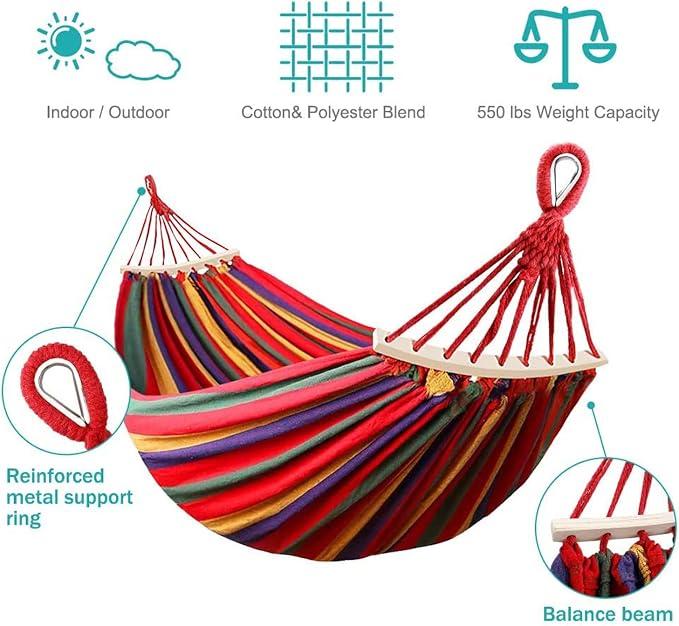 285X155cm Hammock with Spreader Bars, Camping Hammock Outdoor, with Thickened Durable Canvas Fabric and Sturdy Metal Knot, 550 Lb Load Capacity, for Backyard, Garden,Red