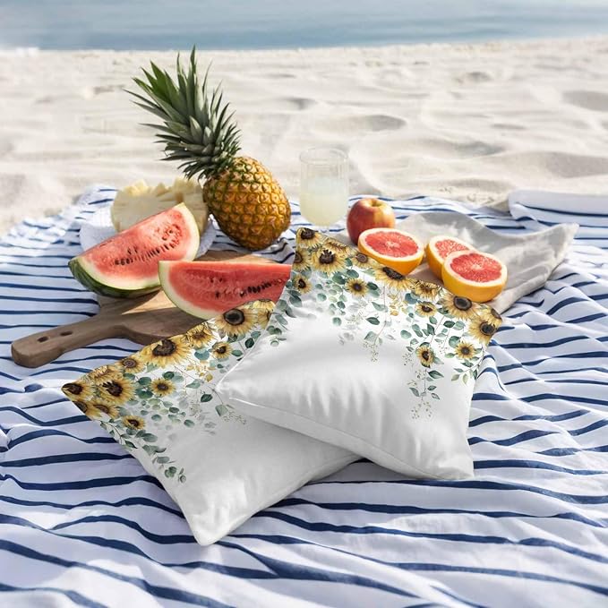 Vandarllin Outdoor Throw Pillows Covers 16x16 inch Set of 2 Waterproof Green Eucalyptus Leaves Decorative Zippered Cushion Covers for Patio Furniture, Watercolor Sunflower Lumbar Pillowcases