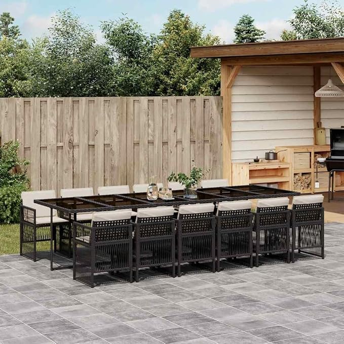 13 Piece Patio Dining Set with Cushions, Foldable PE Rattan Garden Table and 12 Chairs, Space-Saving Cube Outdoor Furniture, Black