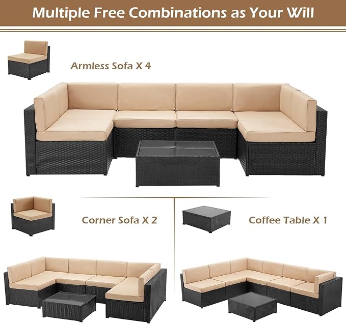 7-Piece PE Rattan Patio Furniture Set with Outdoor Wicker Sectional Sofa and Chairs with Tea Table for Backyard, Garden, Porch, or Deck Conversation Lounge(Gray)